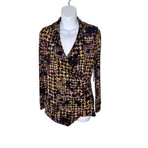 Investments Womens Abstract Houndstooth Wrap Blouse Top Long Sleeves Small